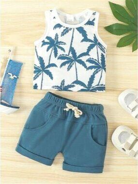 Children's Tropical Palm Print Tank Top & Shorts Set